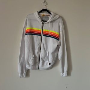 RARE WHITE NEON STRIPE AVIATOR NATION FIVE STRIPE HOODIE!!